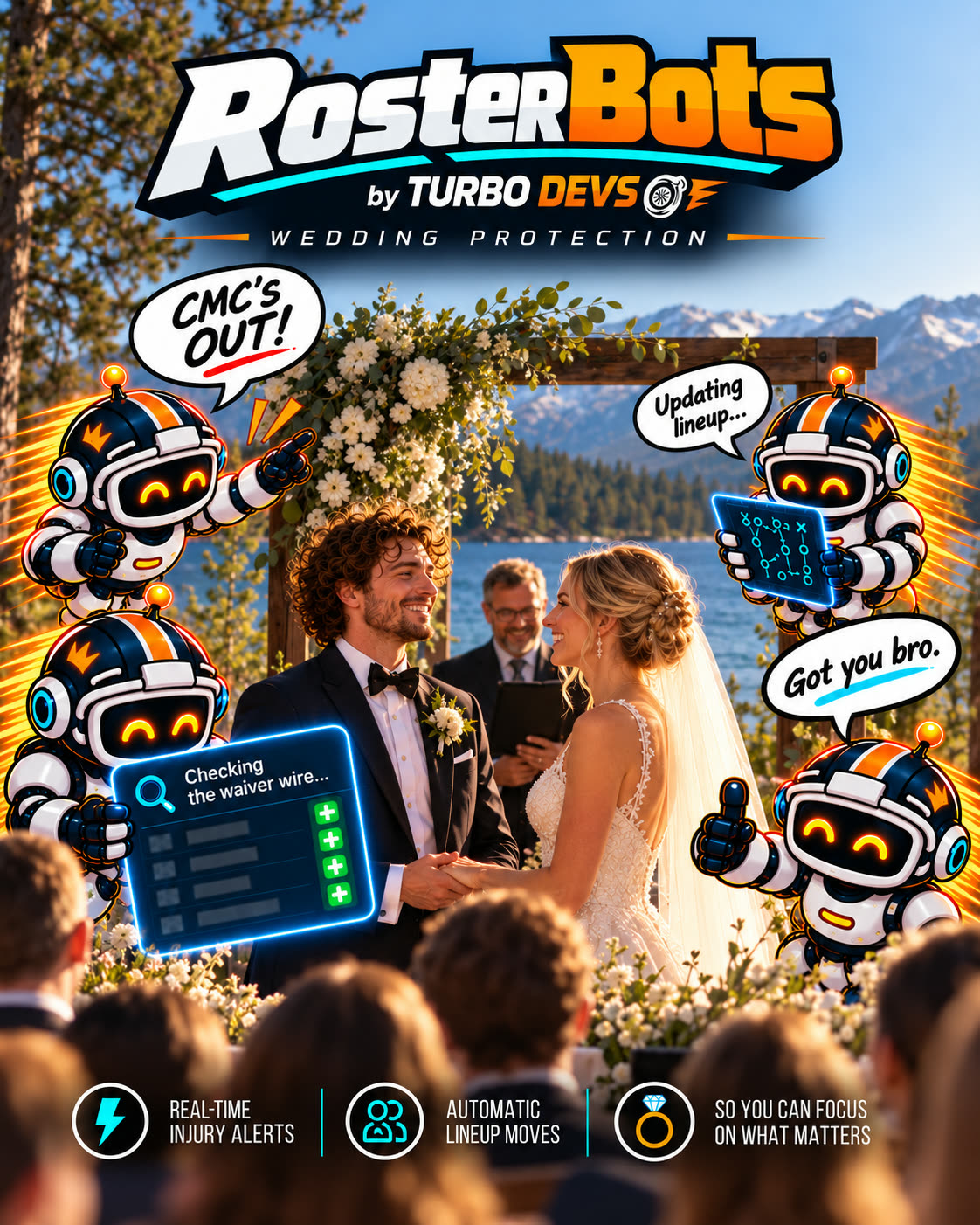 RosterBots Wedding Protection: a groom at the altar while RosterBots robots handle his lineup after a running back is ruled out.