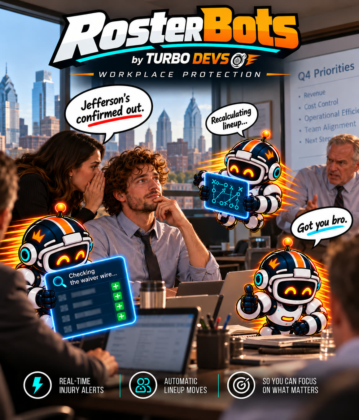 RosterBots Workplace Protection: a coworker whispers that a receiver is out during a meeting while RosterBots robots recalculate the lineup.